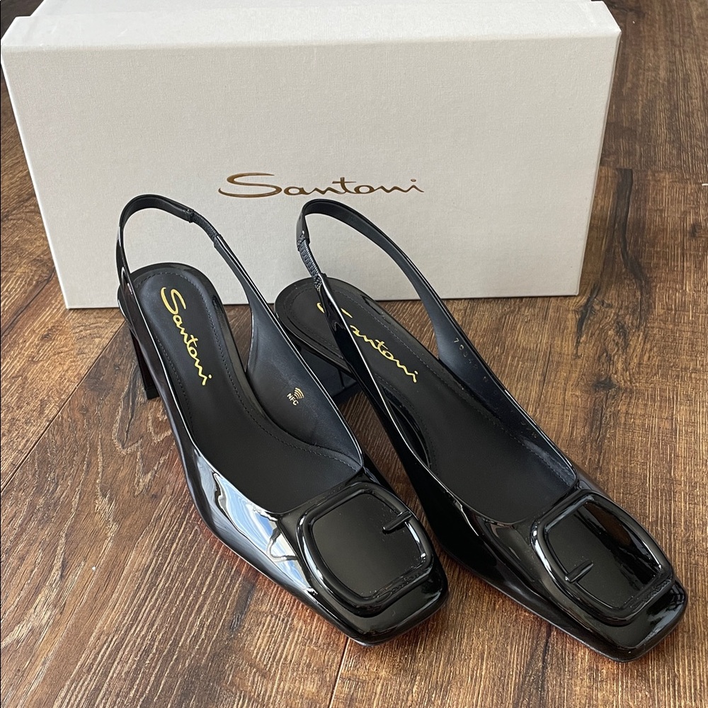 NWT Santoni Lemon Patent Buckle Slingback Pumps